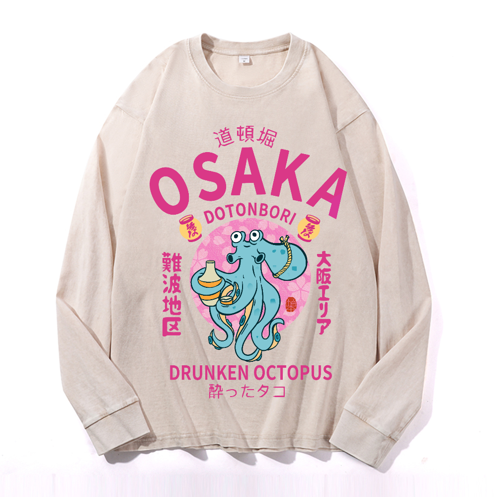 Osaka Dotonbori Drunken Octopus Vintage Cotton Wash Crewneck Long-Sleeve T-Shirt