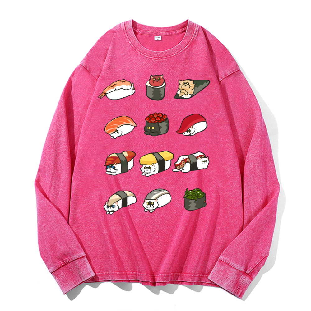 Sushi Cat Vintage Cotton Wash Crewneck Long-Sleeve T-Shirt