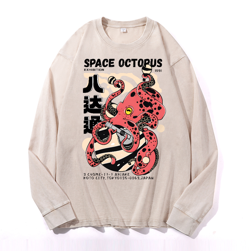 Space Octopus Vintage Cotton Wash Crewneck Long-Sleeve T-Shirt