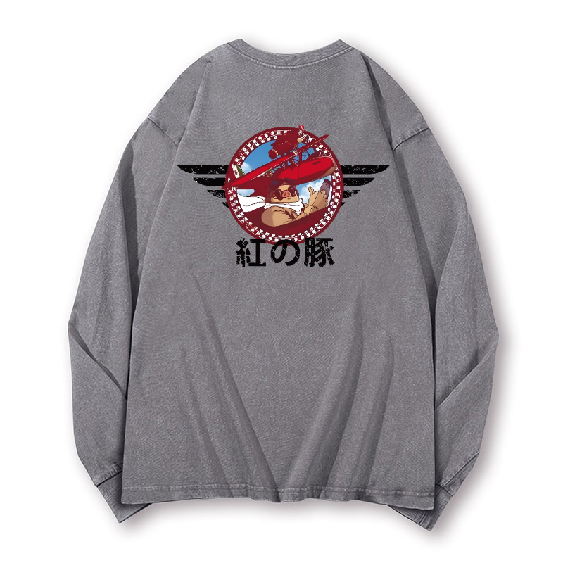 Ghibli Porco Rosso Vintage Washed Cotton Back Art Long-sleeve T-shirt