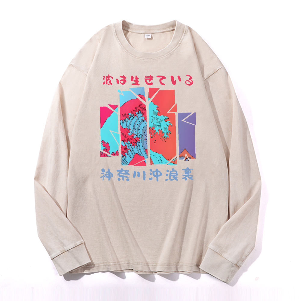 The Great Wave off Kanagawa Vintage Cotton Wash Long-sleeve T-shirt