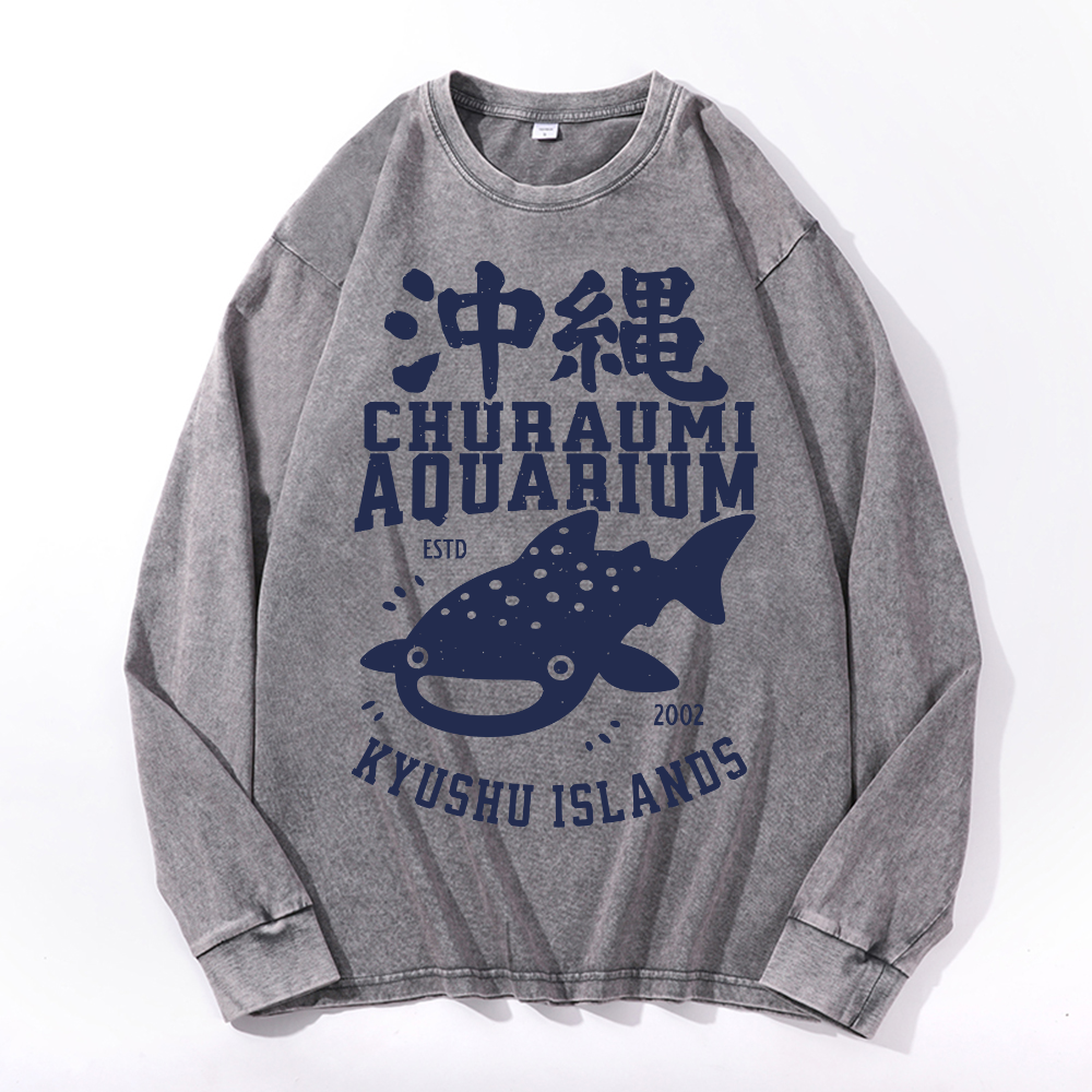 Okinawa Churaumi Aquarium Kyushu Islands Vintage Cotton Wash Crewneck Long-Sleeve T-Shirt