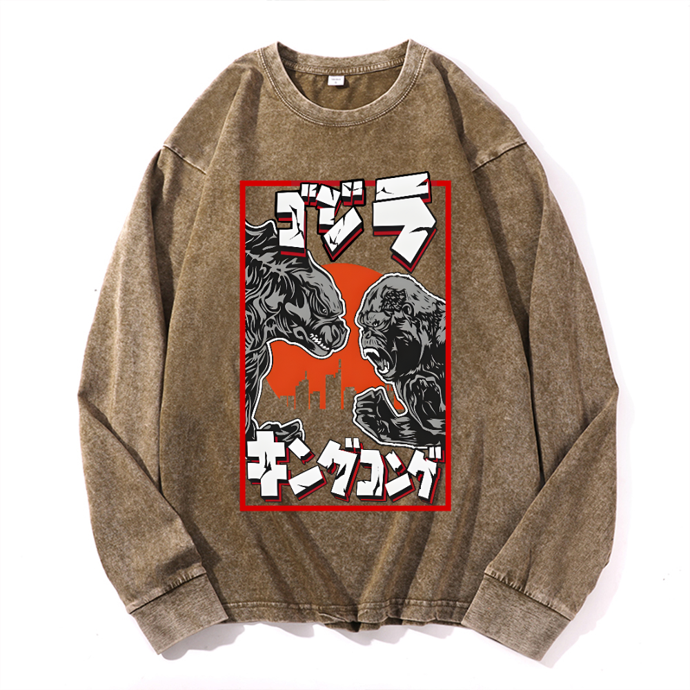 Kaiju VS King Kong Vintage Cotton Wash Long-sleeve T-shirt