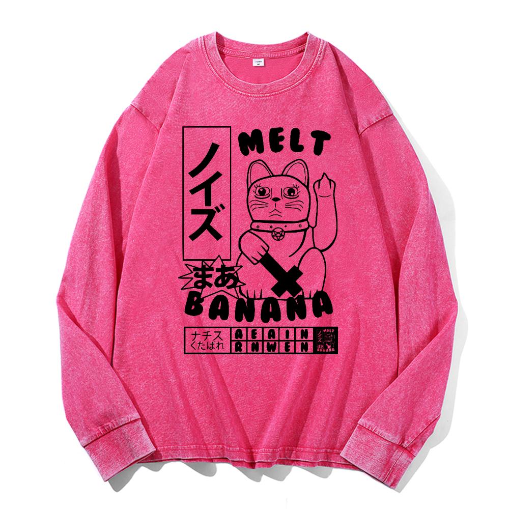 Cat Vintage Cotton Wash Crewneck Long-Sleeve T-Shirt