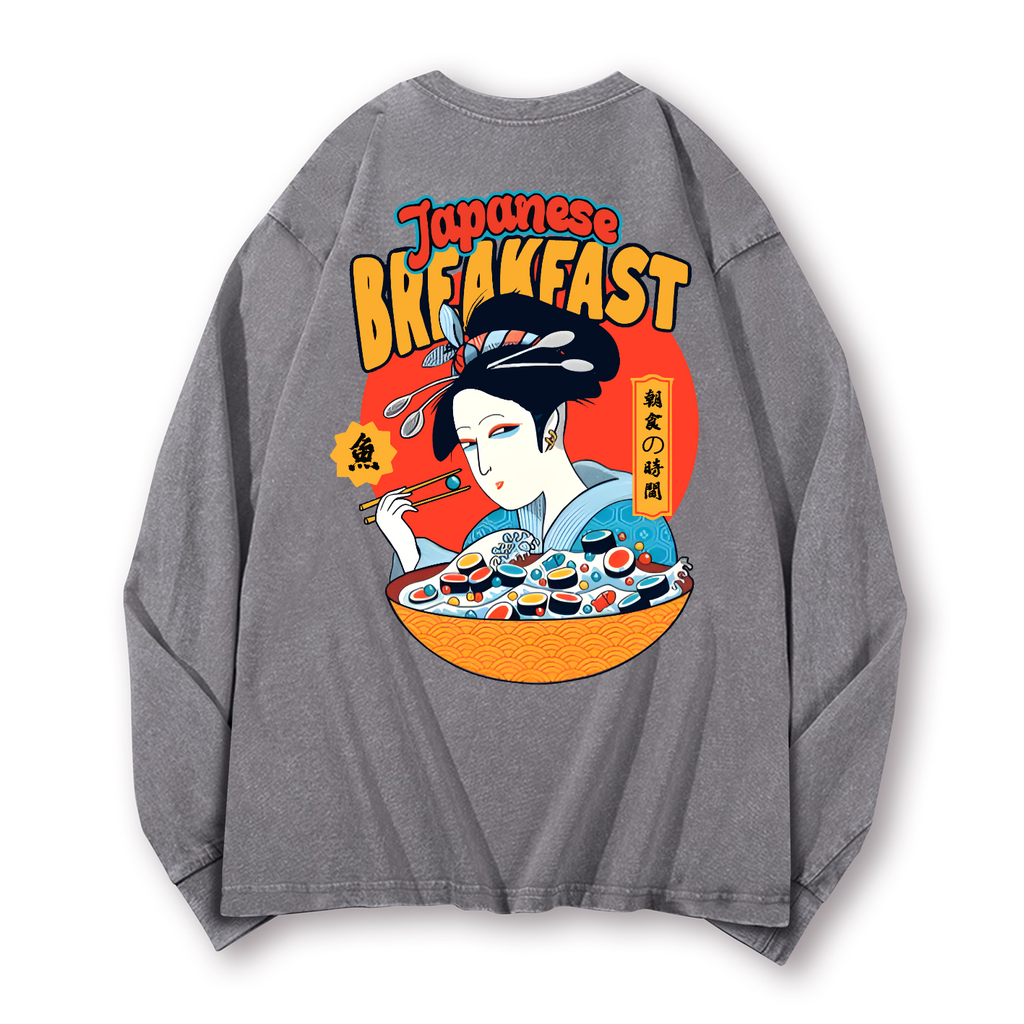 Geisha Fish Sushi Vintage Washed Cotton Back Art Long-sleeve T-shirt