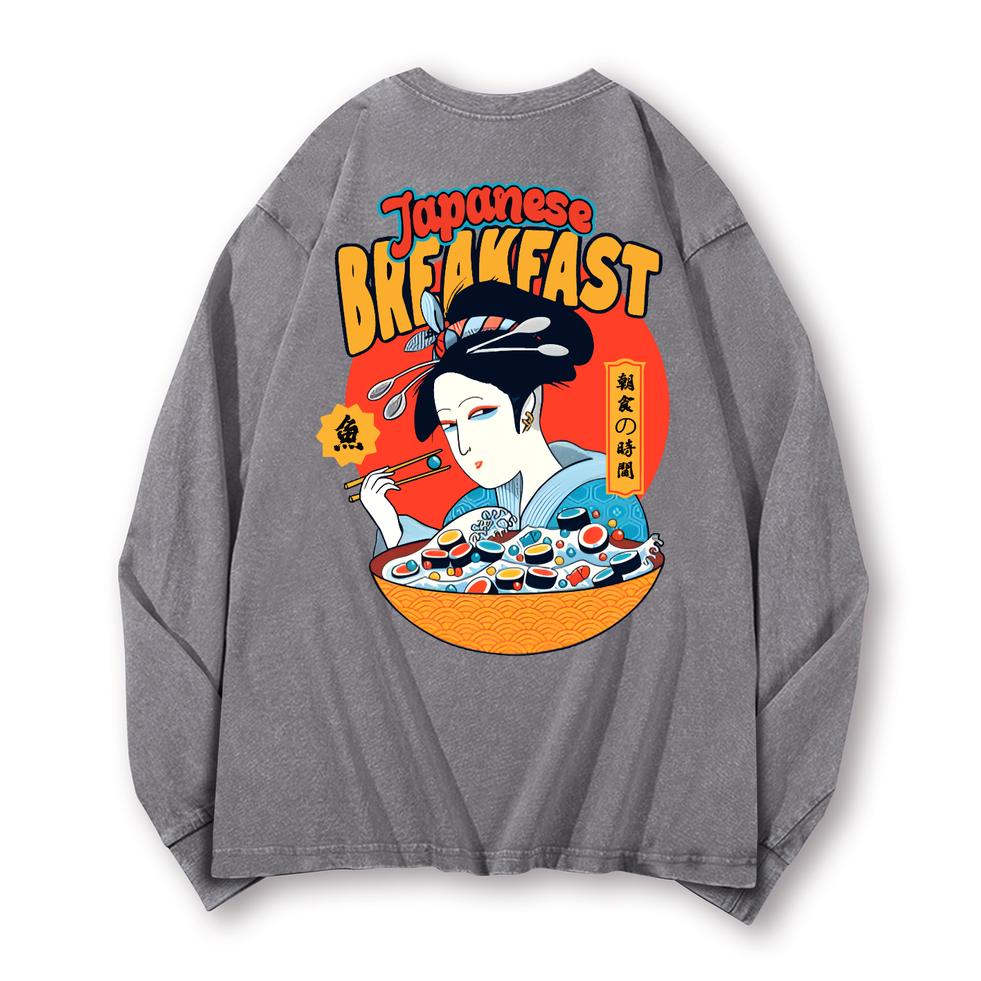 Geisha Fish Sushi Vintage Washed Cotton Back Art Long-sleeve T-shirt