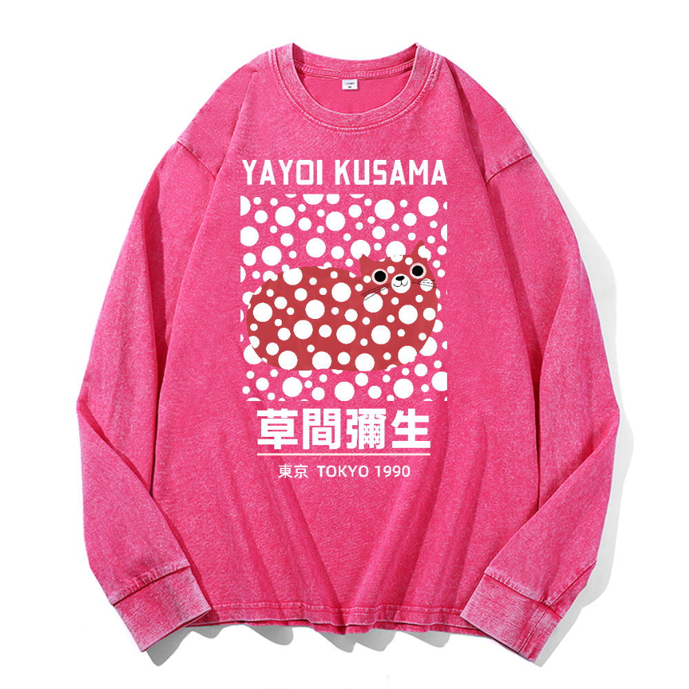 Yayoi Kusama Cat Vintage Cotton Wash Crewneck Long-Sleeve T-Shirt