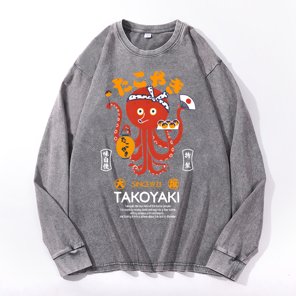 Takoyaki Octopus Vintage Cotton Wash Crewneck Long-Sleeve T-Shirt