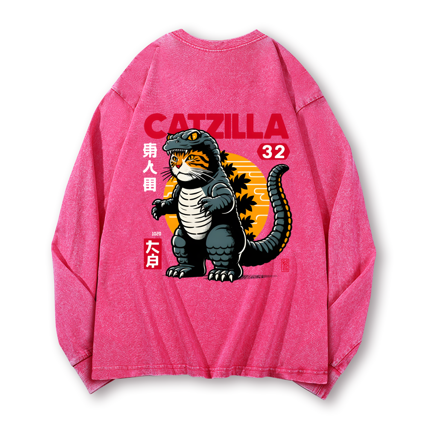 Cat Kaiju Catzilla Vintage Washed Cotton Back Art Long-sleeve T-shirt