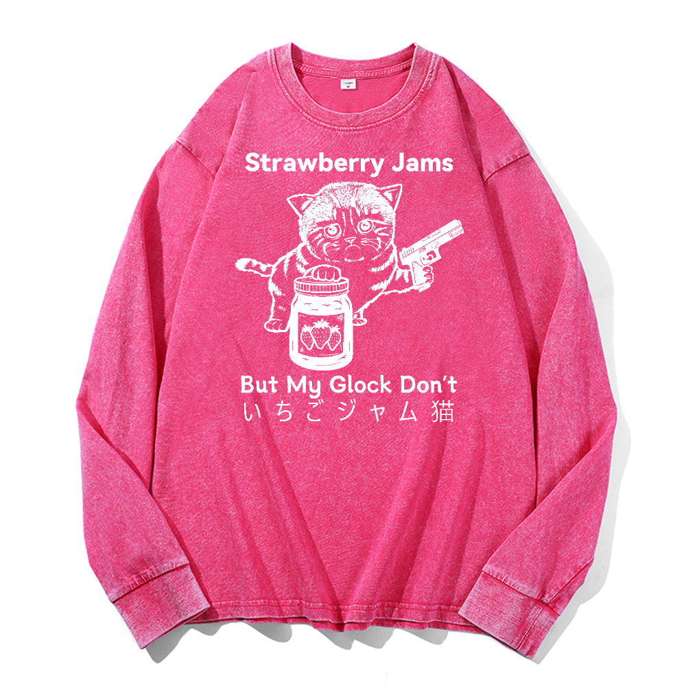 Strawberry Jams Cat Vintage Cotton Wash Long-sleeve T-shirt
