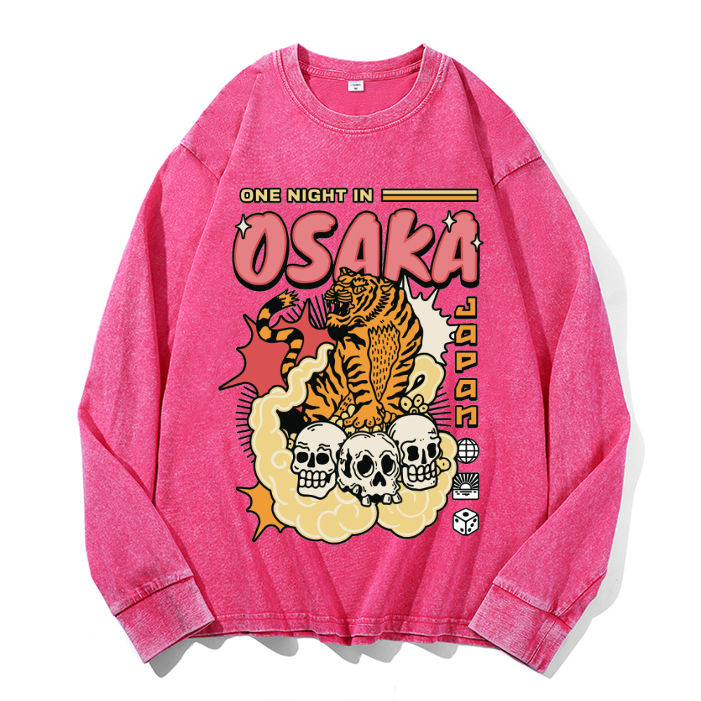 One Night in Osaka Tiger Vintage Cotton Wash Crewneck Long-Sleeve T-Shirt
