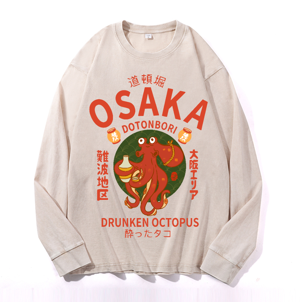 Osaka Dotonbori Drunken Octopus Vintage Cotton Wash Crewneck Long-Sleeve T-Shirt