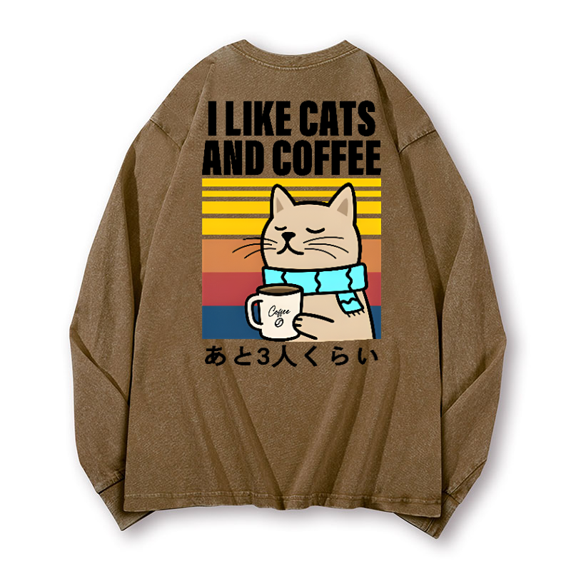 Cat Coffee Vintage Washed Cotton Back Art Long-sleeve T-shirt