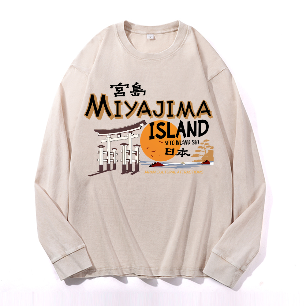 Hiroshima Miyajima Island Vintage Cotton Wash Crewneck Long-Sleeve T-Shirt