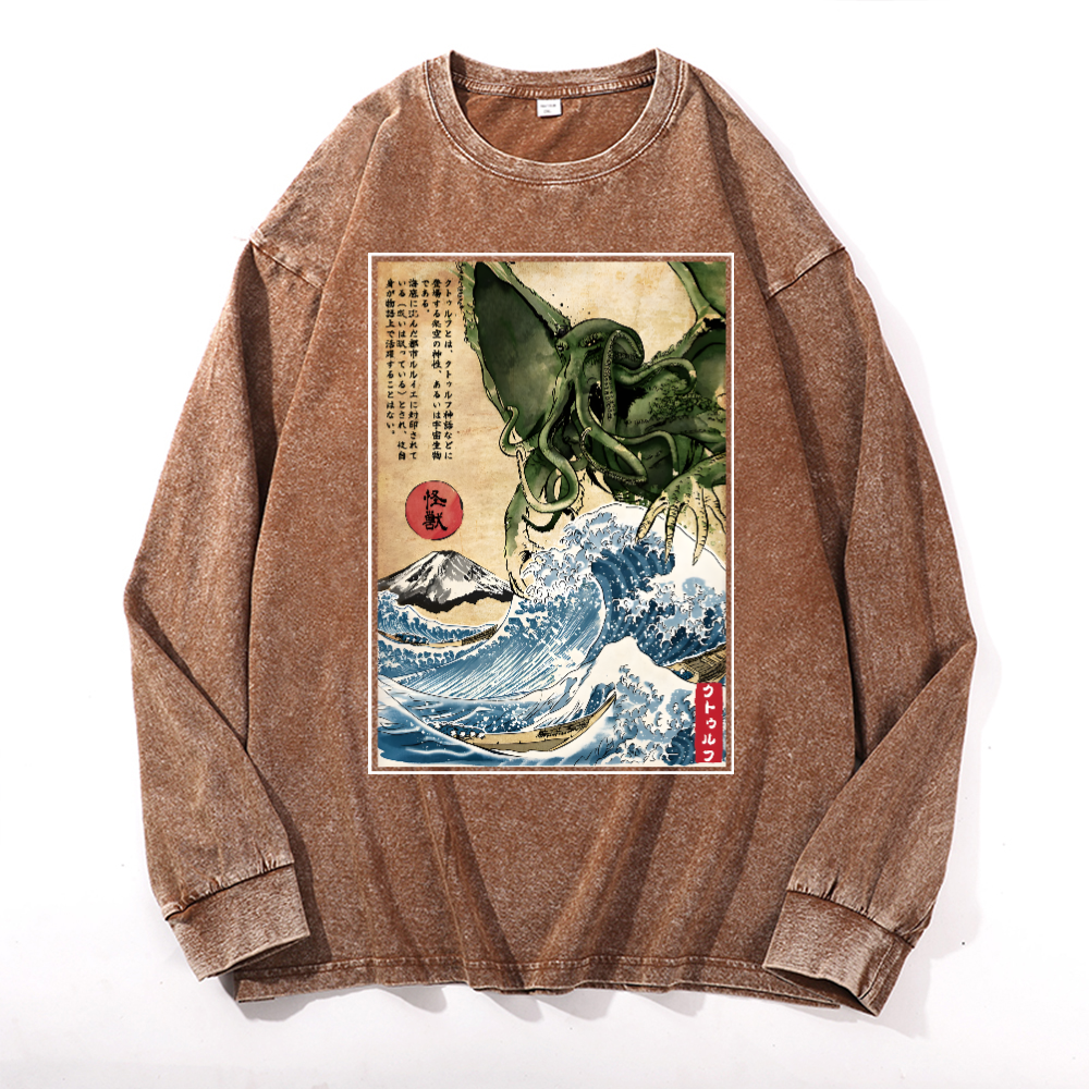 Octopus Ukiyoe Wave Vintage Cotton Wash Crewneck Long-Sleeve T-Shirt