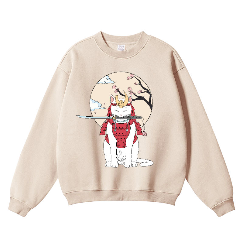 Cat Samurai Vintage Cotton Blend Crewneck Sweatshirt