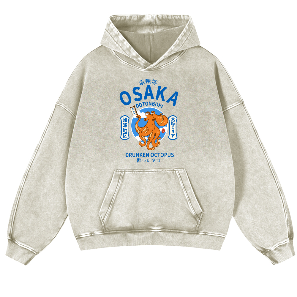 Osaka Dotonbori Drunken Octopus Vintage Washed Thick Cotton Hoodie