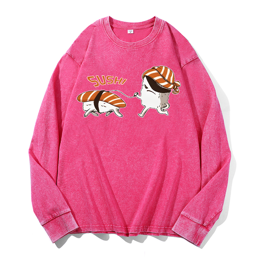 Sushi Vintage Cotton Wash Crewneck Long-Sleeve T-Shirt