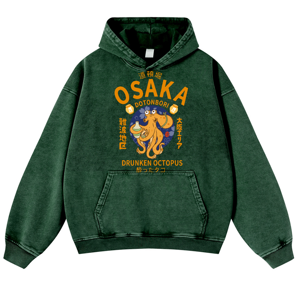 Osaka Dotonbori Drunken Octopus Vintage Washed Thick Cotton Hoodie