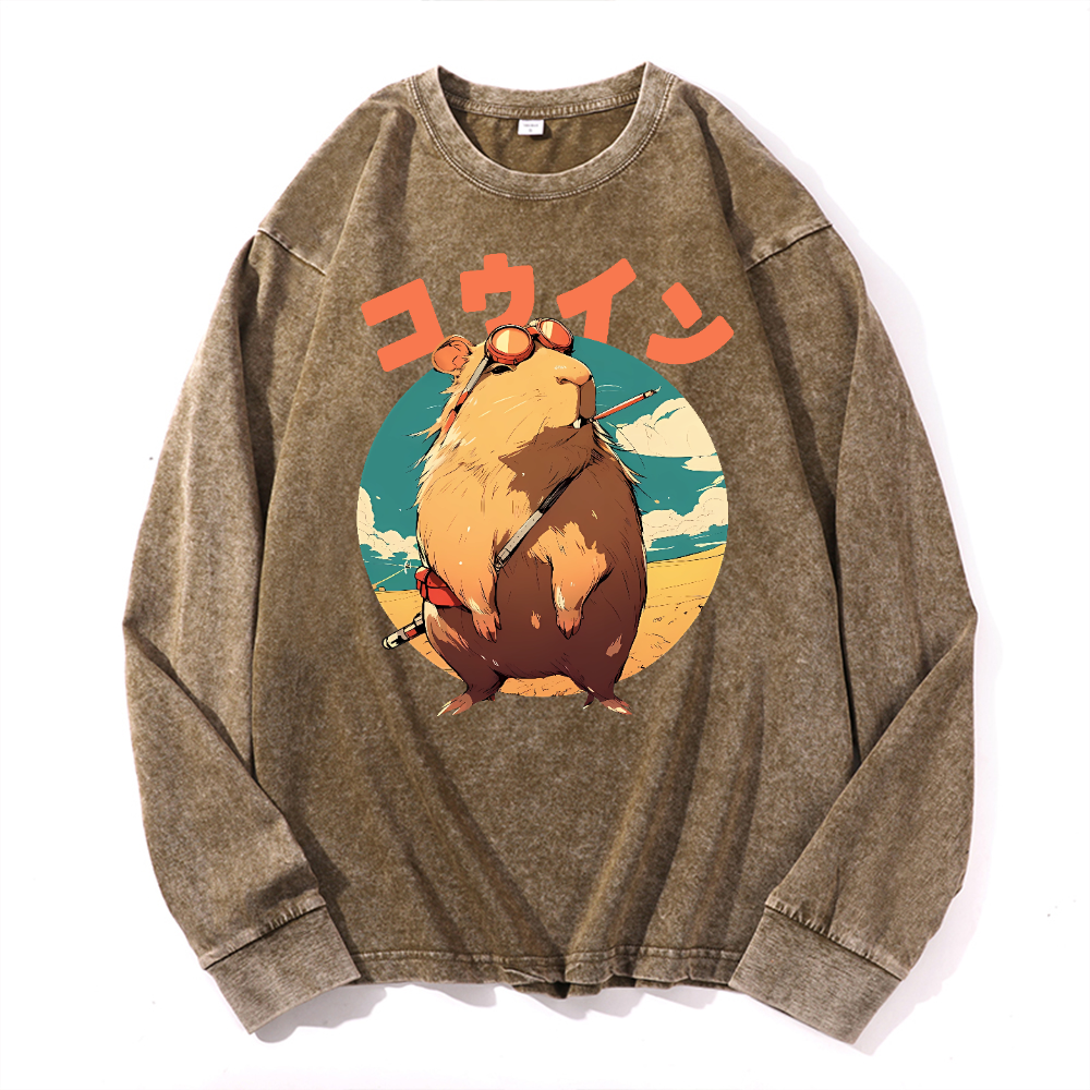 Capybara Vintage Cotton Wash Crewneck Long-Sleeve T-Shirt