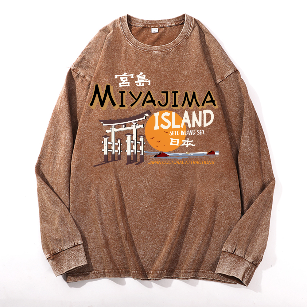 Hiroshima Miyajima Island Vintage Cotton Wash Crewneck Long-Sleeve T-Shirt