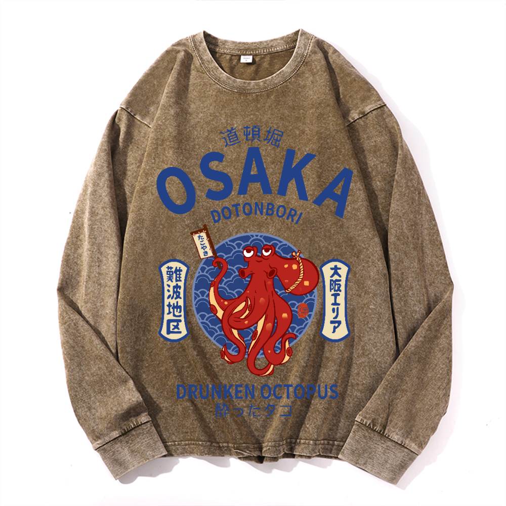 Osaka Dotonbori Drunken Octopus Vintage Cotton Wash Crewneck Long-Sleeve T-Shirt
