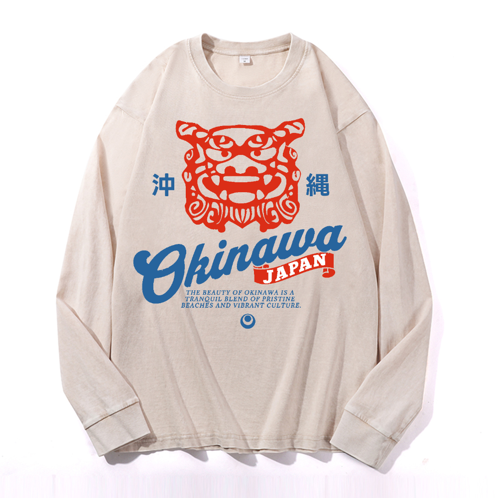 Okinawa Shisa Vintage Cotton Wash Crewneck Long-Sleeve T-Shirt