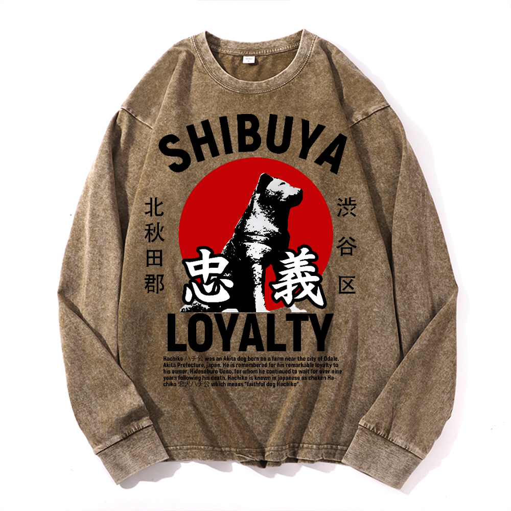 Shibuya Hachiko Vintage Cotton Wash Crewneck Long-Sleeve T-Shirt