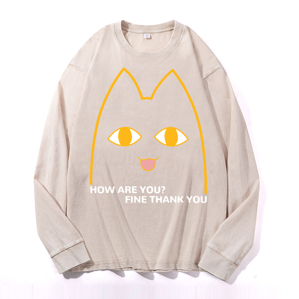 Cat Vintage Cotton Wash Crewneck Long-Sleeve T-Shirt