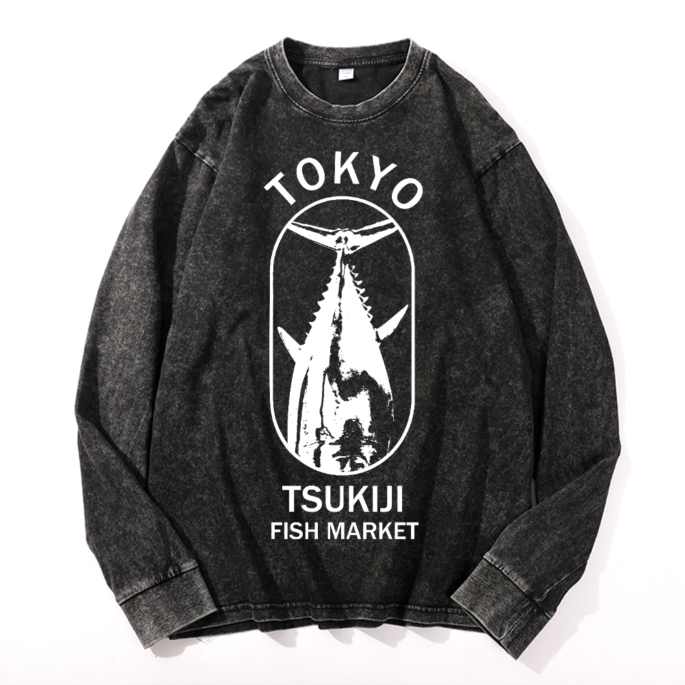 Tsukiji Market Vintage Cotton Wash Crewneck Long-Sleeve T-Shirt
