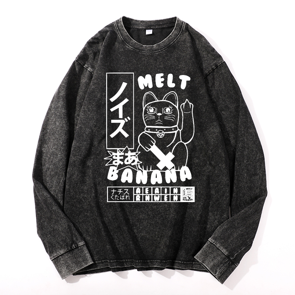 Cat Vintage Cotton Wash Crewneck Long-Sleeve T-Shirt
