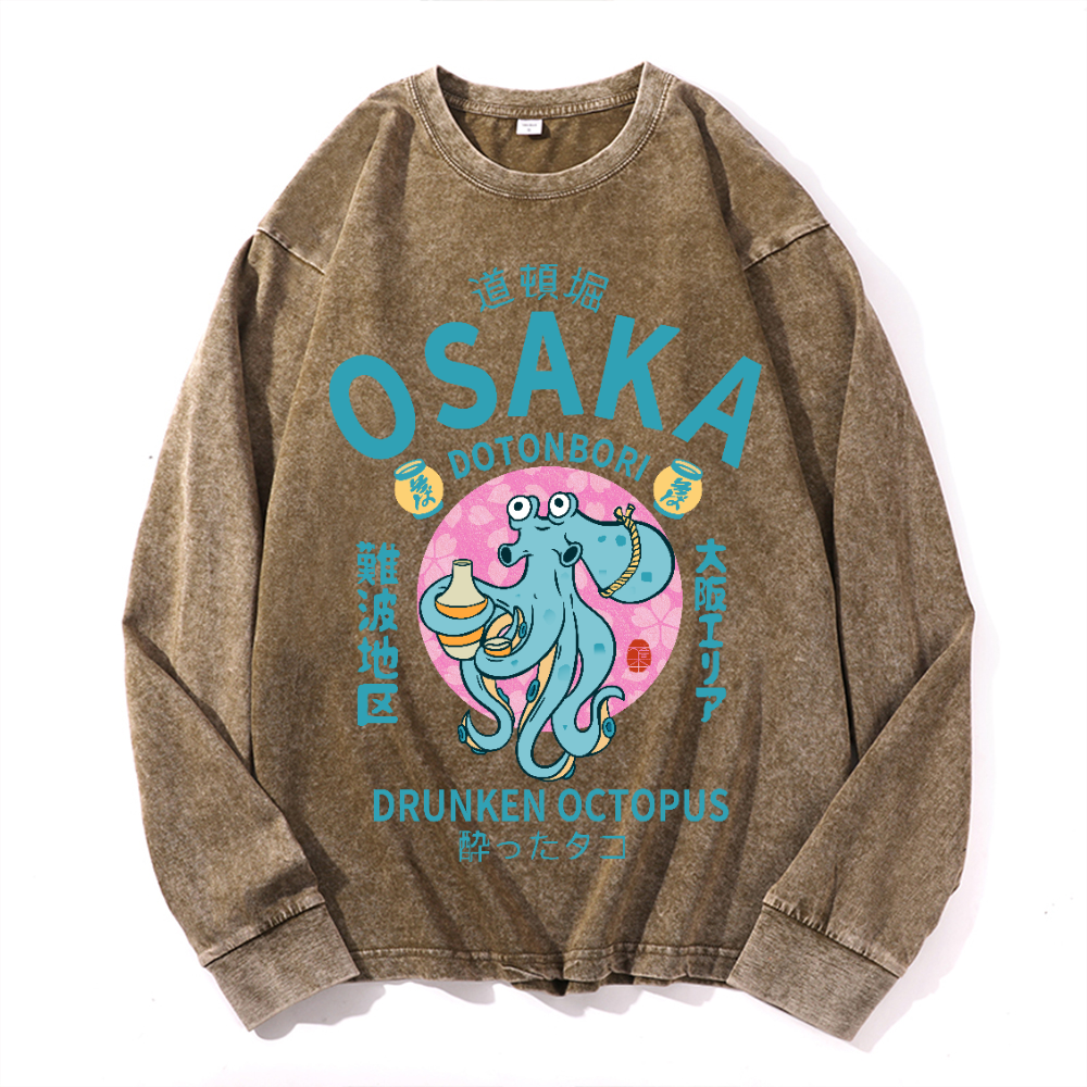 Osaka Dotonbori Drunken Octopus Vintage Cotton Wash Crewneck Long-Sleeve T-Shirt