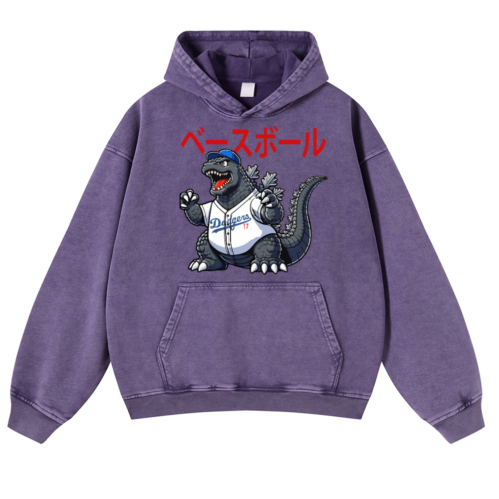 Dodgers Kaiju 17  Baseball Vintage Washed Thick Cotton Hoodie