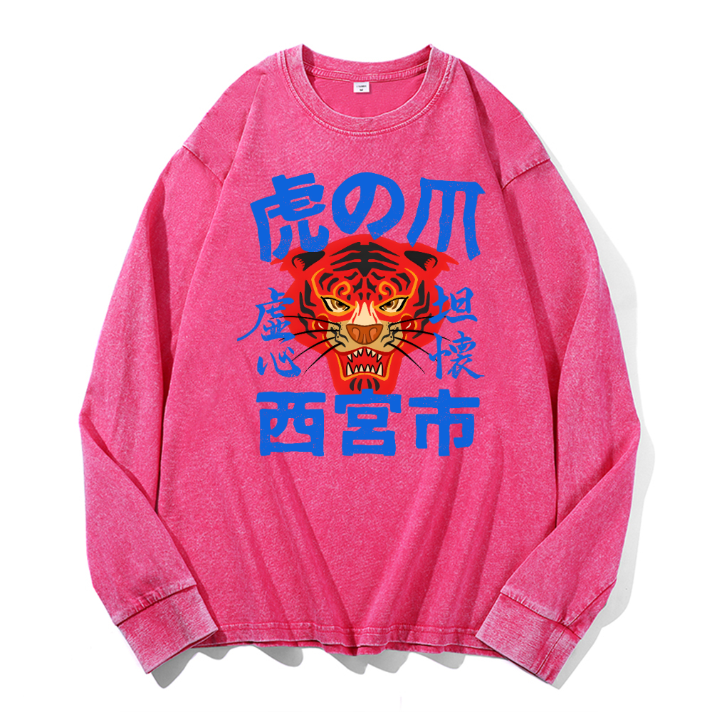 Tiger Vintage Cotton Wash Crewneck Long-Sleeve T-Shirt