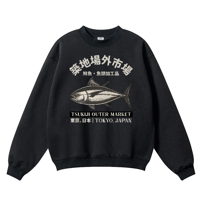 Tsukiji Market Tuna Fish Vintage Cotton Blend Crewneck Sweatshirt