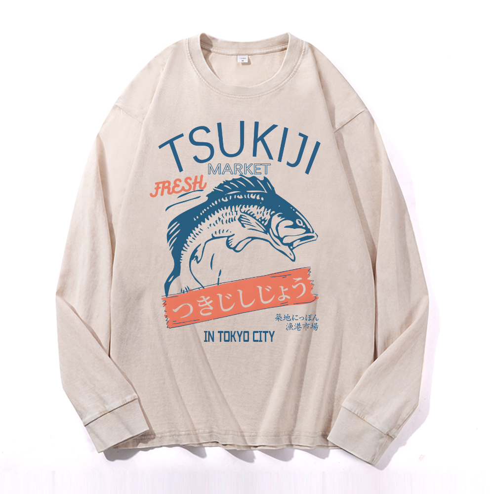 Tsukiji Market Vintage Cotton Wash Crewneck Long-Sleeve T-Shirt