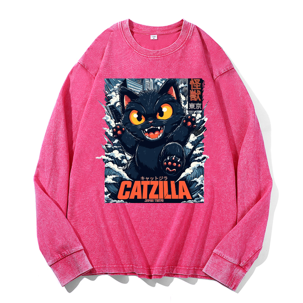 Catzilla Cat Kaiju Vintage Cotton Wash Crewneck Long-Sleeve T-Shirt