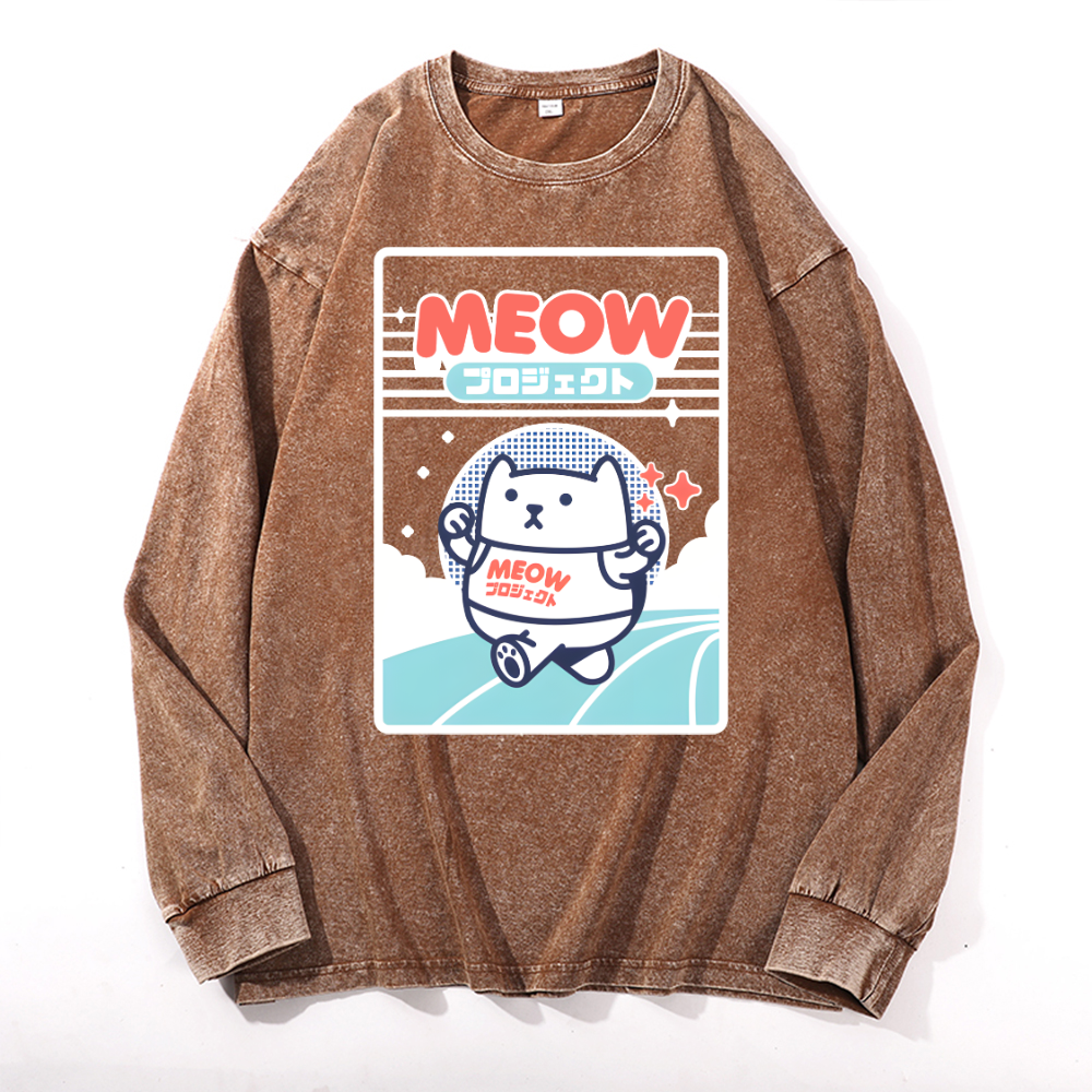 Meow Cat Vintage Cotton Wash Crewneck Long-Sleeve T-Shirt