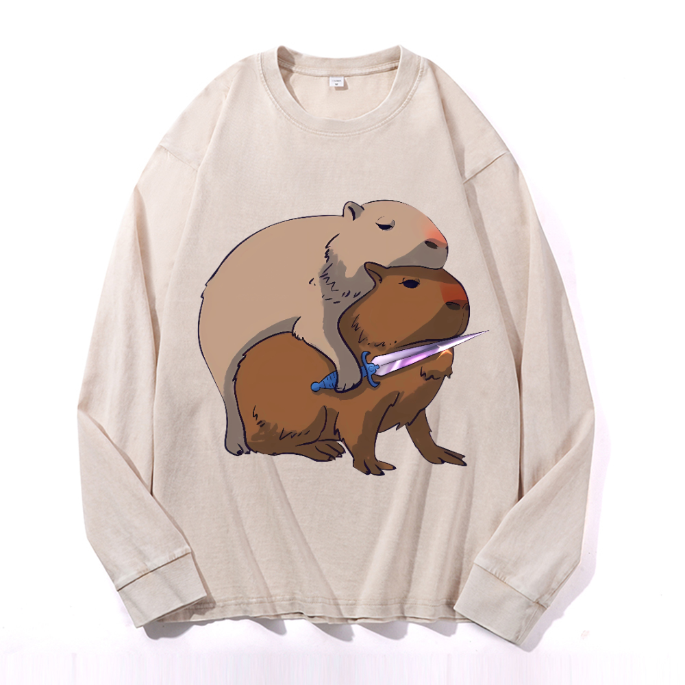 Capybara Vintage Cotton Wash Crewneck Long-Sleeve T-Shirt