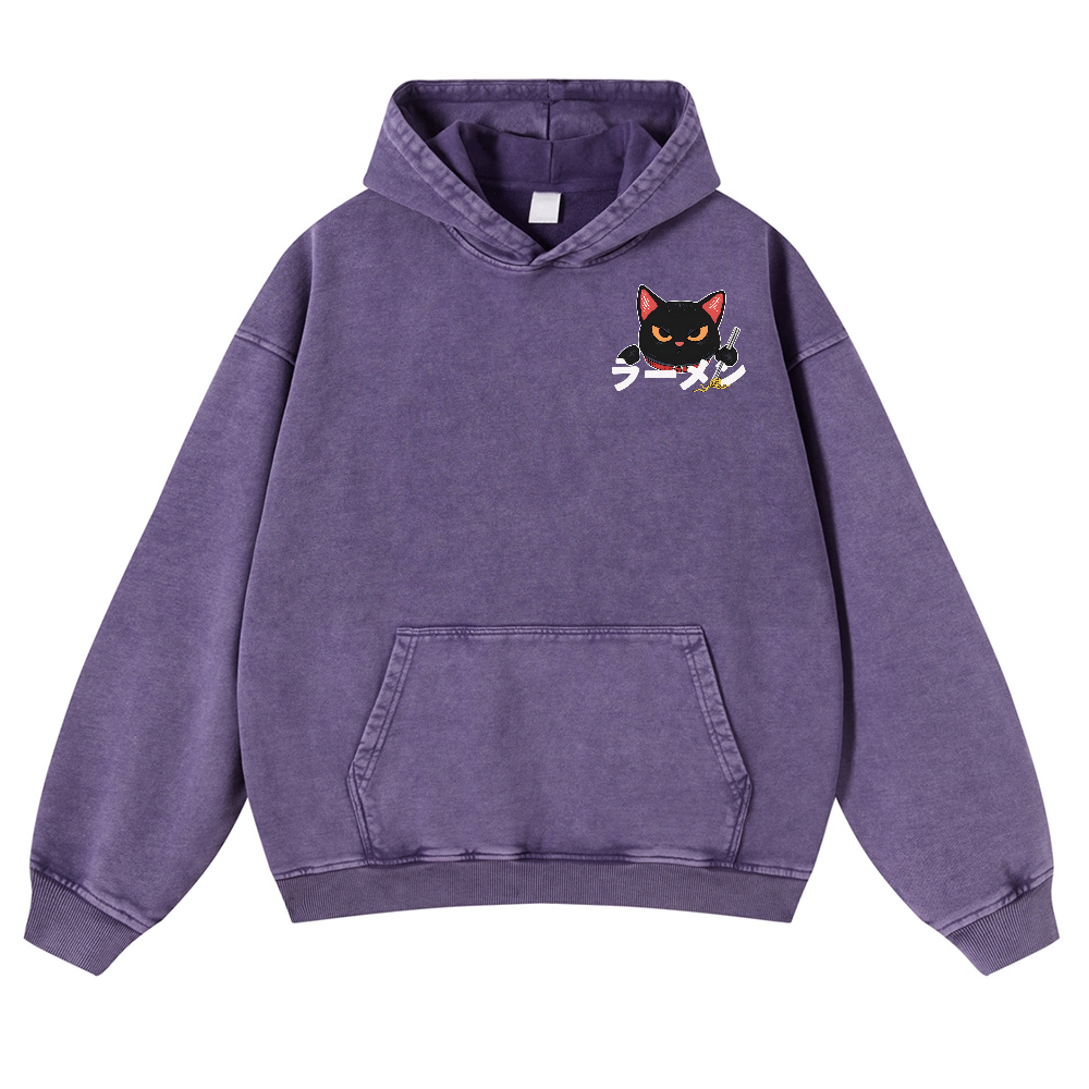 Ramen Black Cat Vintage Washed Cotton Back Art Hoodie