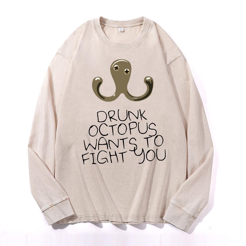 Drunken Octopus Vintage Cotton Wash Crewneck Long-Sleeve T-Shirt