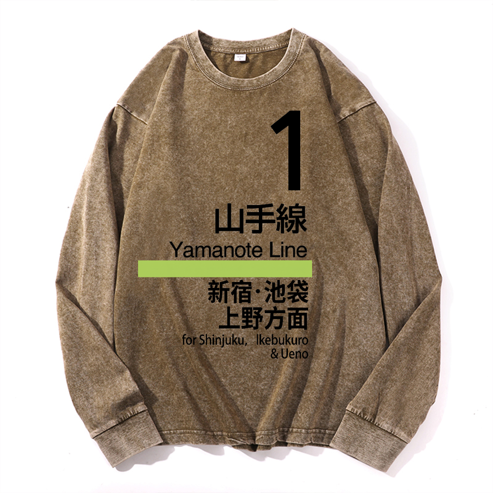 Yamanote Line for Shinjuku & Ikebukuro & Ueno Vintage Cotton Wash Crewneck Long-Sleeve T-Shirt