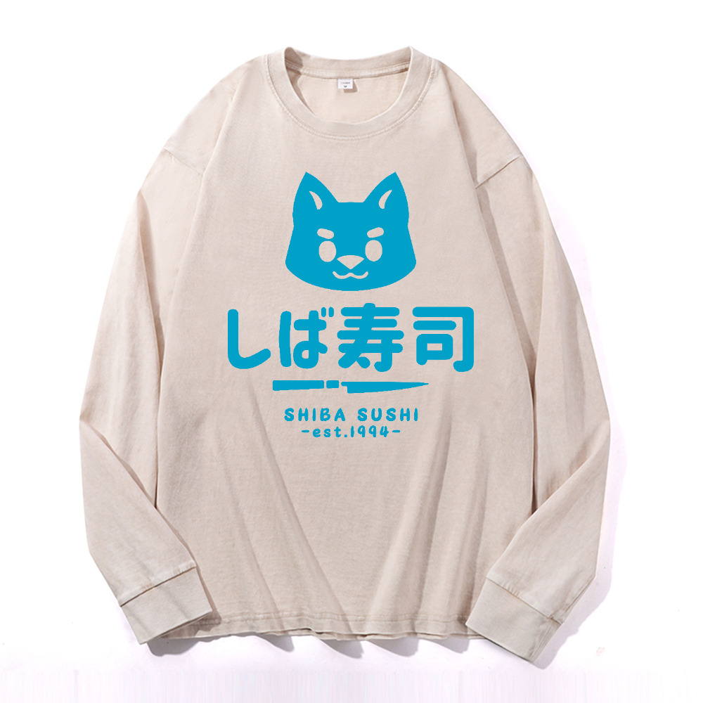 Shiba Sushi Vintage Cotton Wash Crewneck Long-Sleeve T-Shirt