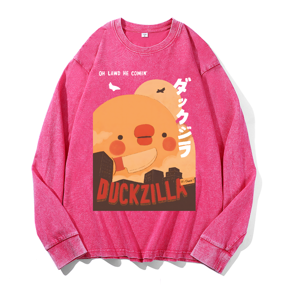 Duck Kaiju Vintage Cotton Wash Crewneck Long-Sleeve T-Shirt