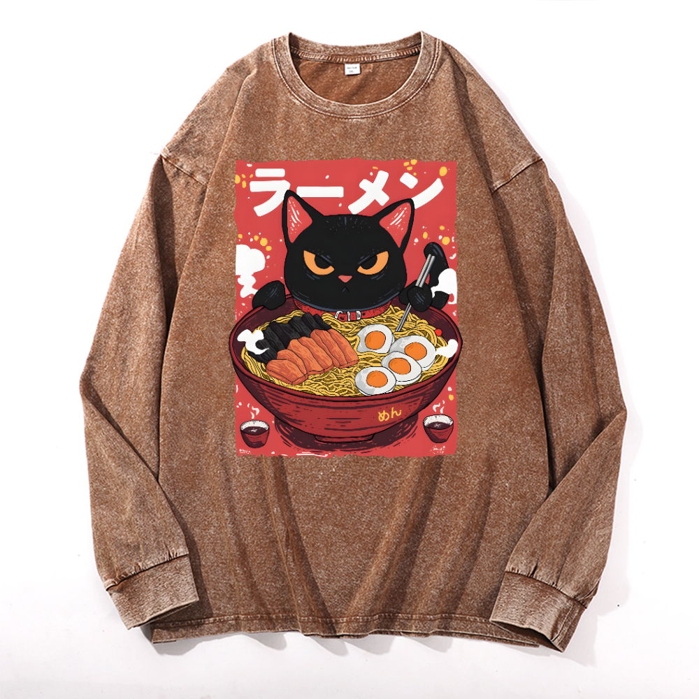 Ramen Black Cat Vintage Cotton Wash Crewneck Long-Sleeve T-Shirt
