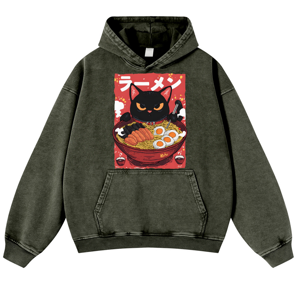 Cat Ramen Vintage Washed Thick Cotton Hoodie