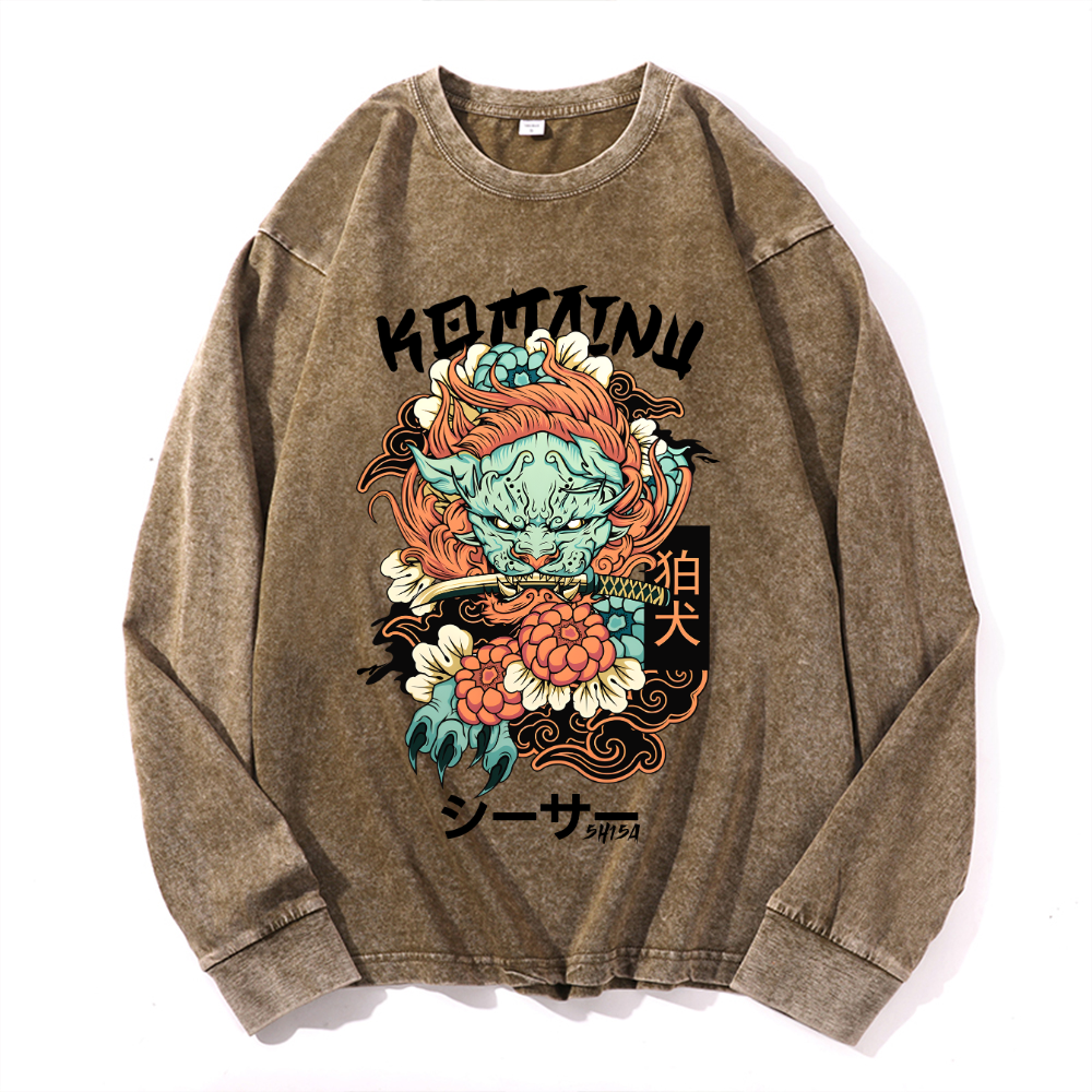 Komainu Vintage Cotton Wash Crewneck Long-Sleeve T-Shirt
