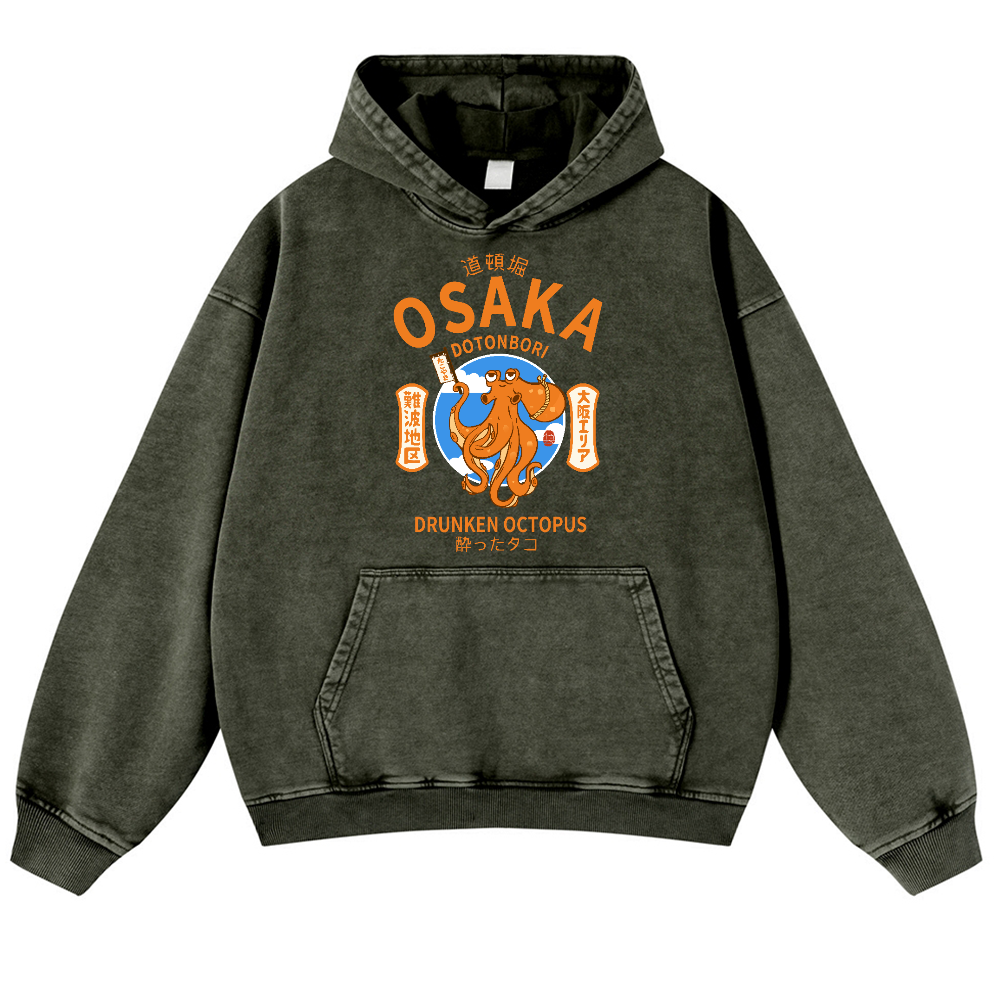 Osaka Dotonbori Drunken Octopus Vintage Washed Thick Cotton Hoodie