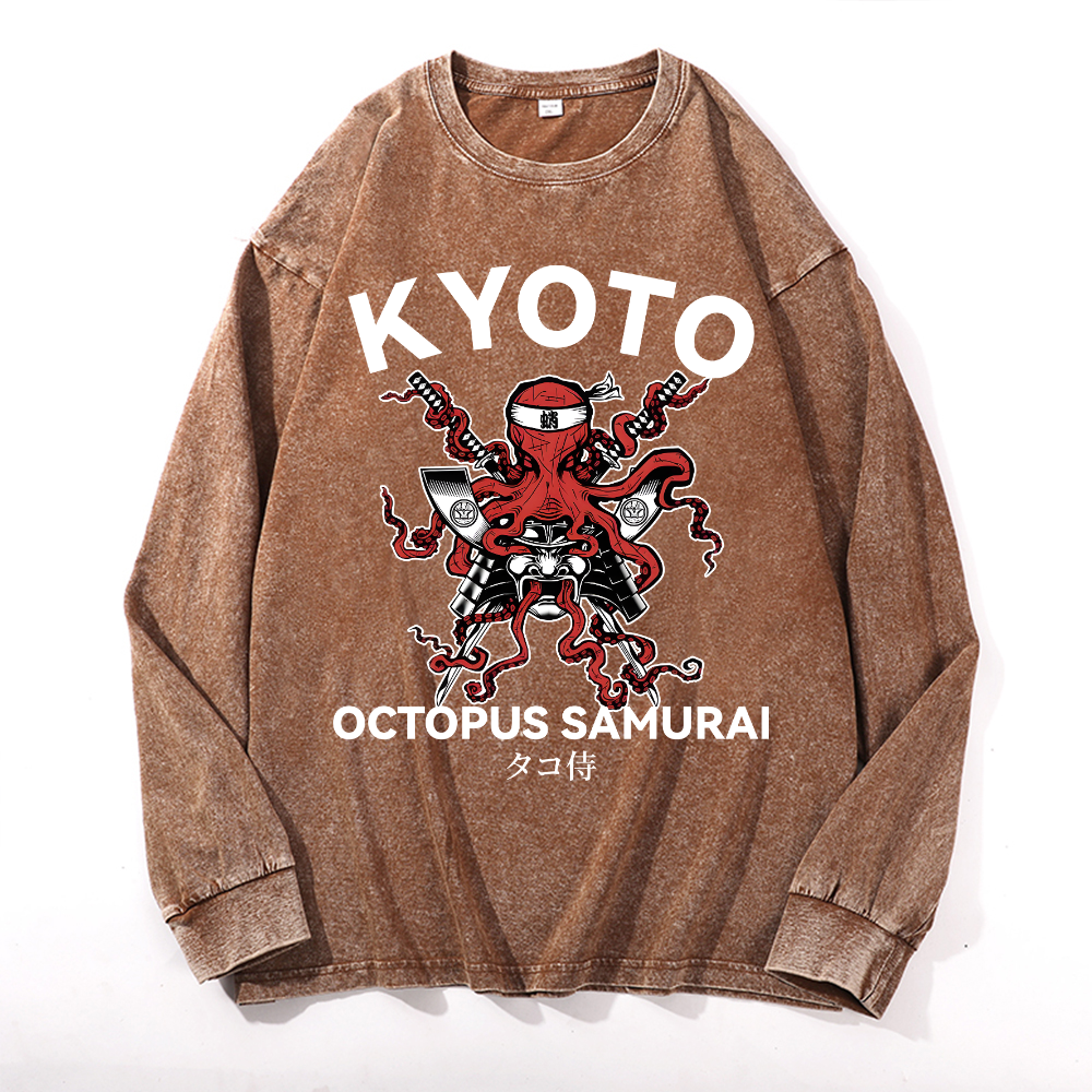 Kyoto Octopus Samurai Vintage Cotton Wash Long-sleeve T-shirt