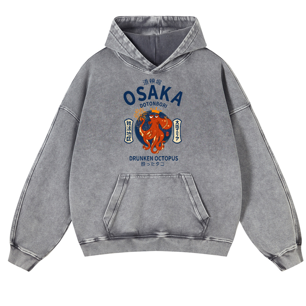 Osaka Dotonbori Drunken Octopus Vintage Washed Thick Cotton Hoodie